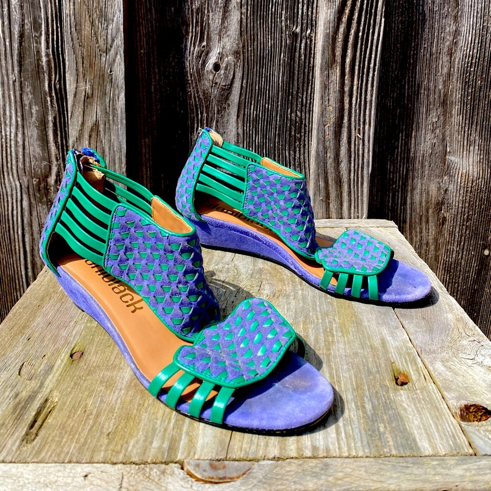 Daniblack Vintage Blue Suede Woven Kitten Wedge: 7